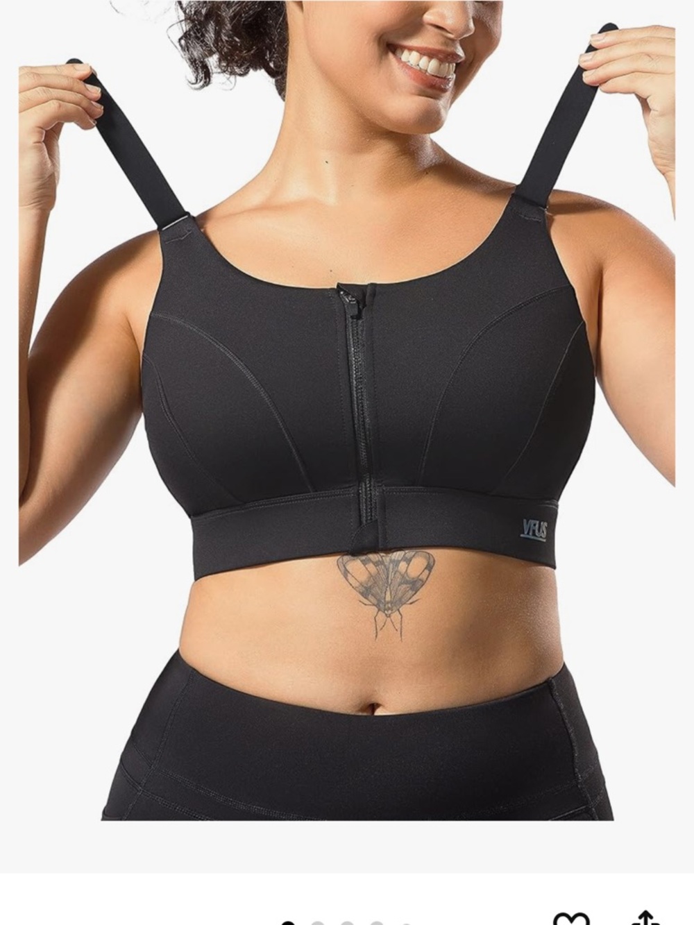 VFUS Front-Zip Black High-Impact Sports Bra with Wide Straps